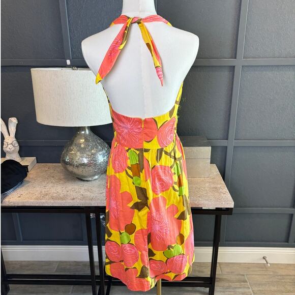 Trina Turk Floral Yellow Coral Pink Halter Fit Flare 1960's Mini Dress Size 4 - Picture 2 of 4
